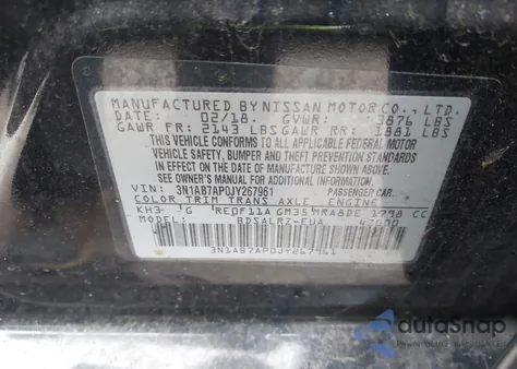 2018 Nissan Sentra Sr z USA, uszkodzony, nr VIN 3N1AB7AP0JY267961
